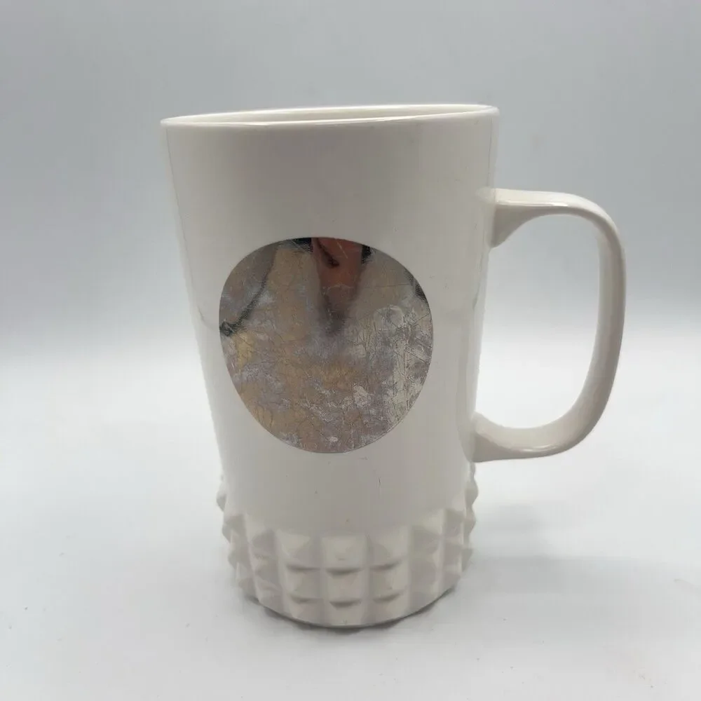 STARBUCKS COFFEE 2014 Tall White Mug Cup Mirror Label Hobnail Base 16 Oz - Picture 1 of 11